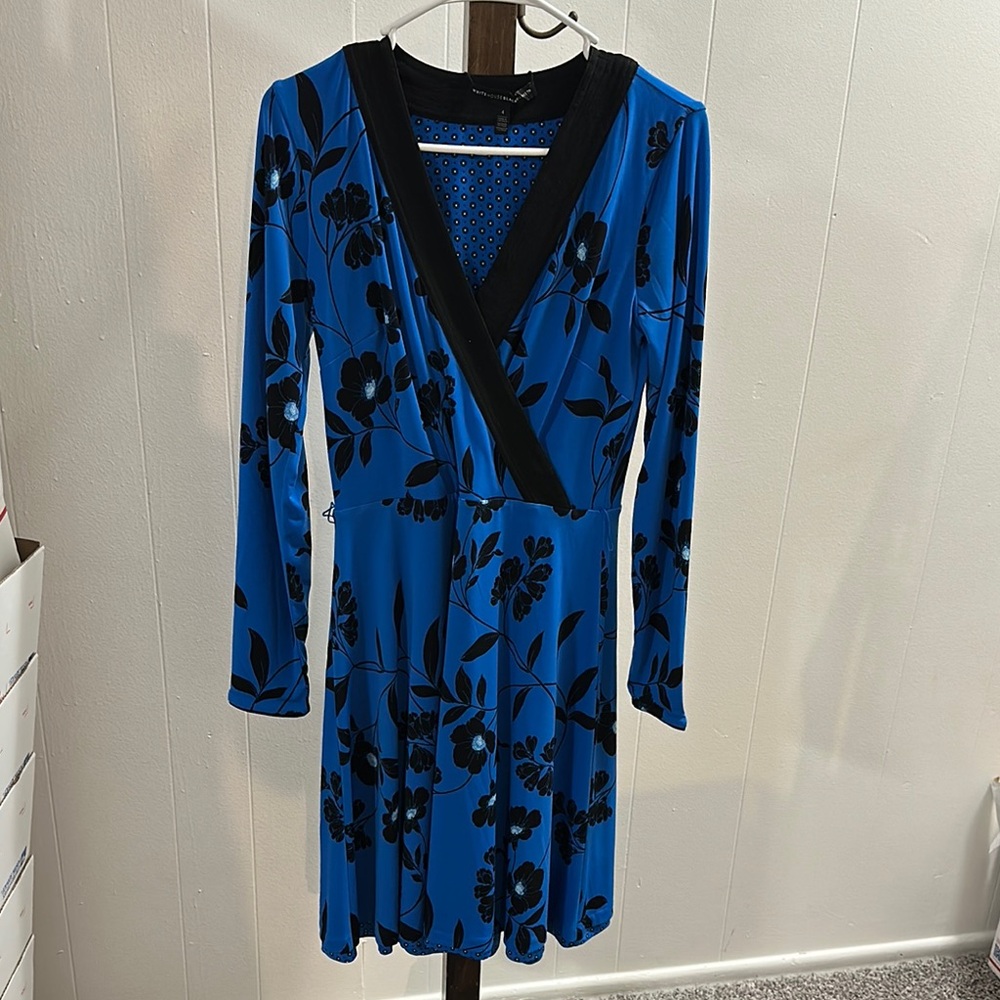 White House Black Market Blue Sheath Dress Long Sleeve Plunge